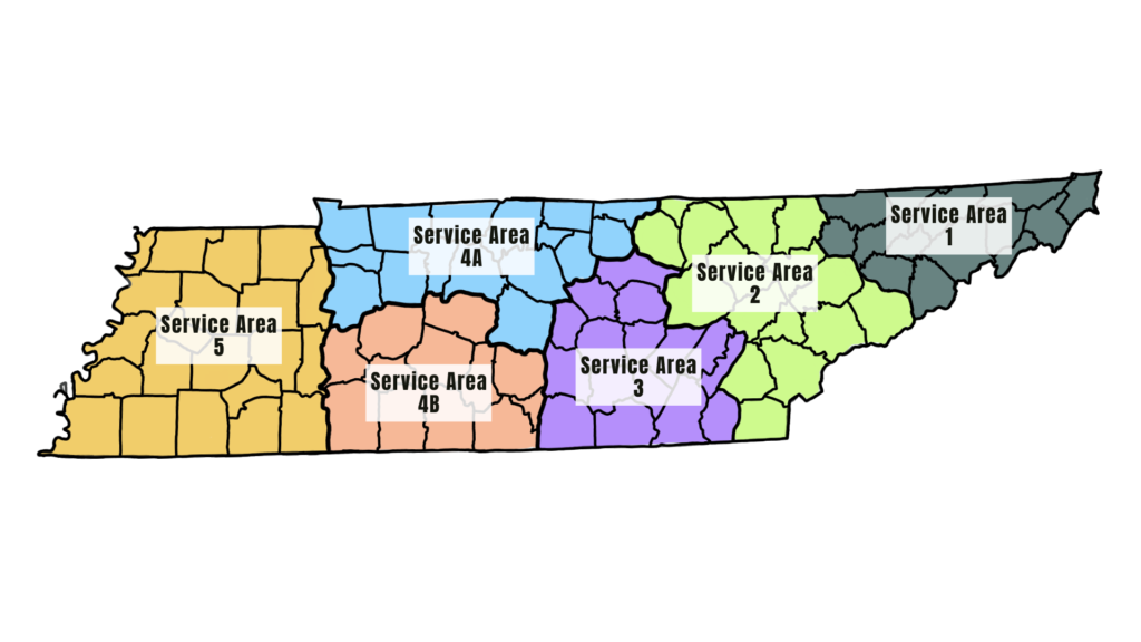 Map of Tennessee with designated Service Areas higlhigted.