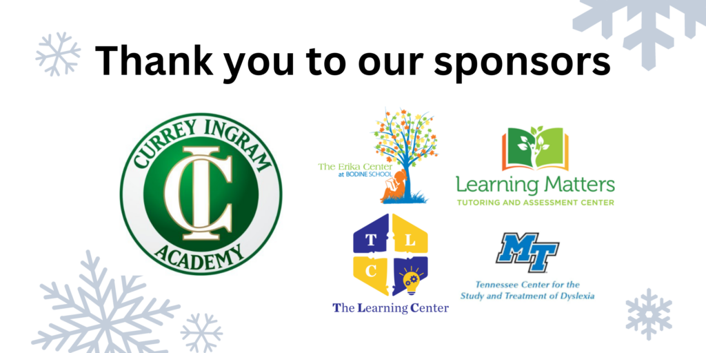 Image of sponsors for RISE: Currey Ingram Academy, The Erika Center at the Bodine School, The Learning Center at Holy Rosary, Learning Matters, Inc., and the MTSU Center for Dyslexia